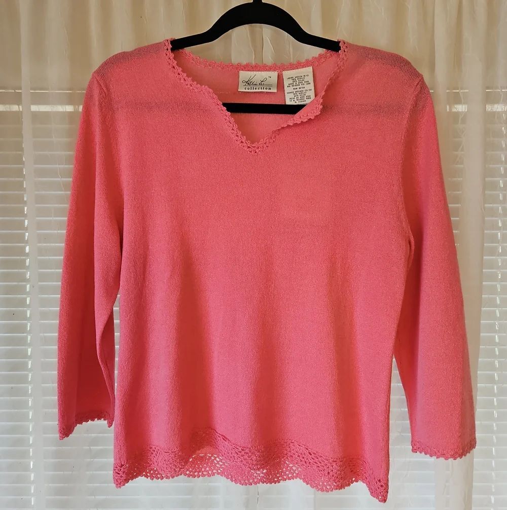Kathie Lee Collection Rose Luster Crochet Hem Split Neck Pullover Knit Top